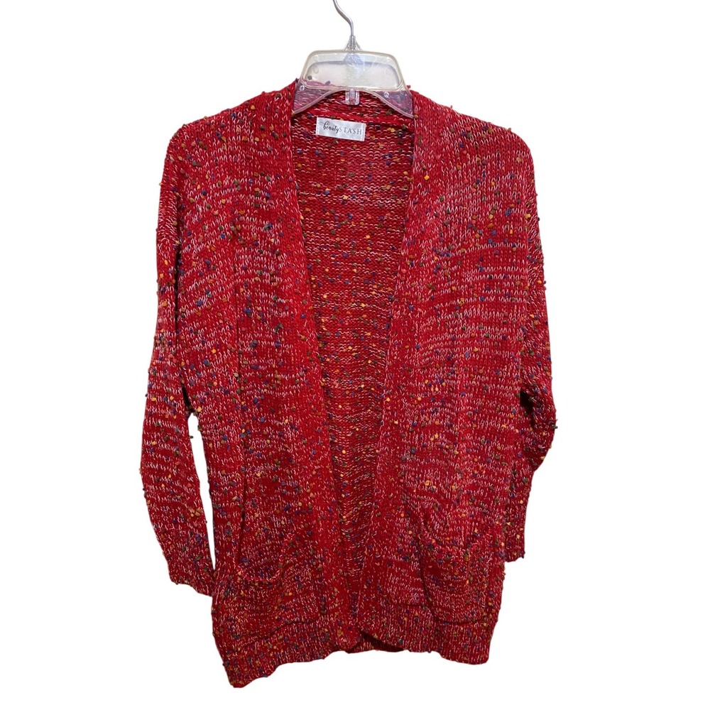 Beauty STASH Red Confetti Knit Cardigan Sweater‎ Womens Large Multicolored Neps